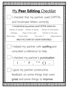 Middle school peer editing checklist for 6th grade, 7th grade, or 8th grade